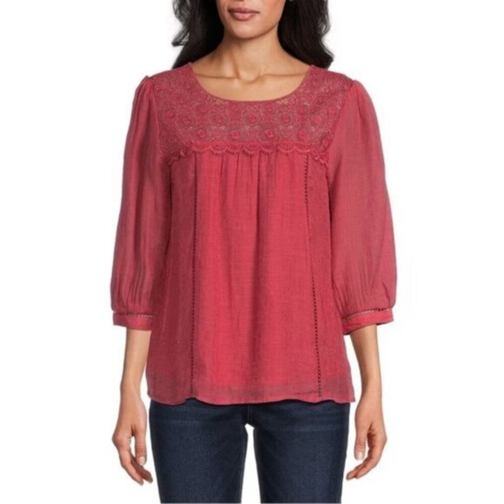 Figueroa & Flowers orange peasant‎ lace yoke scoop neck 3/4 sleeve blouse top S - Picture 2 of 11